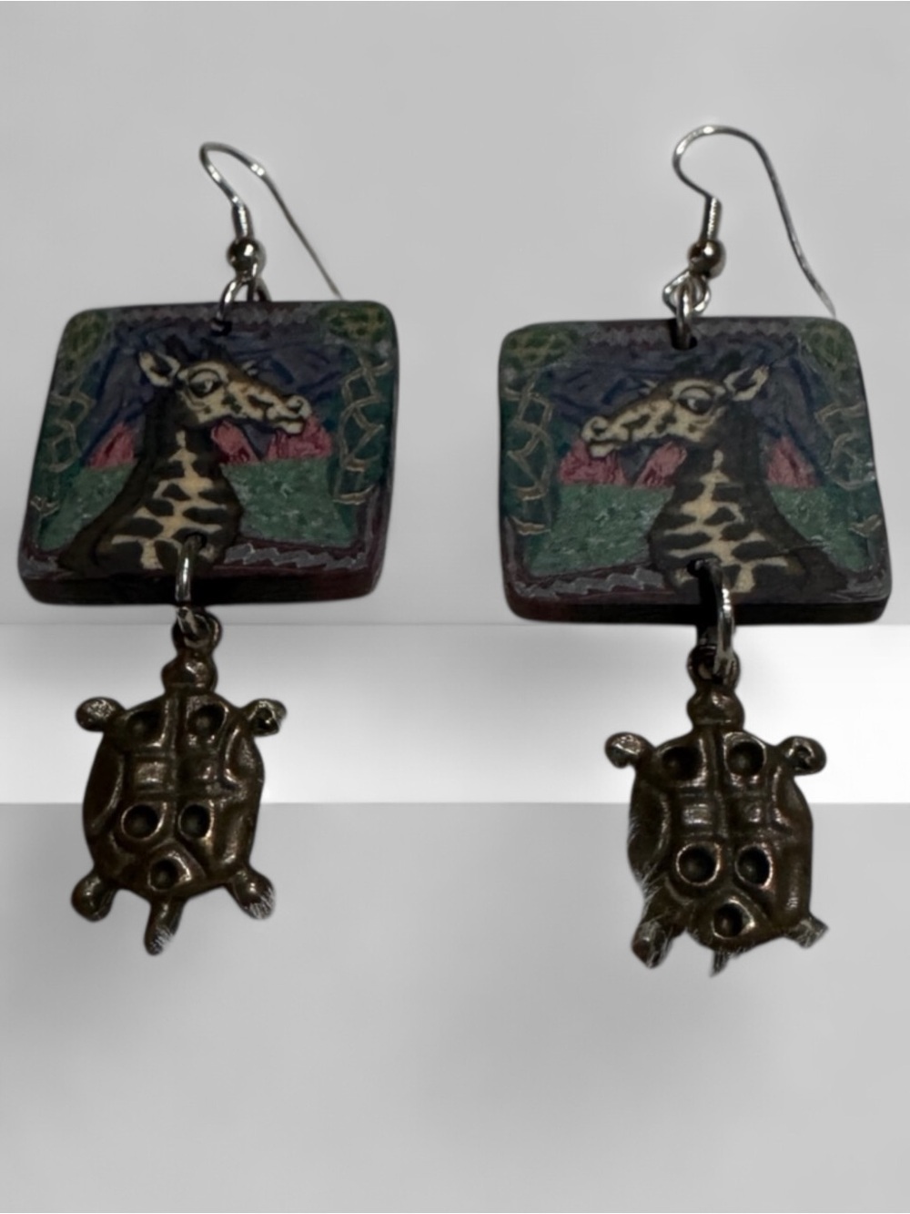 Hand Crafted Whimsical Giraffe and Turtle Dangle French Wire Earrings